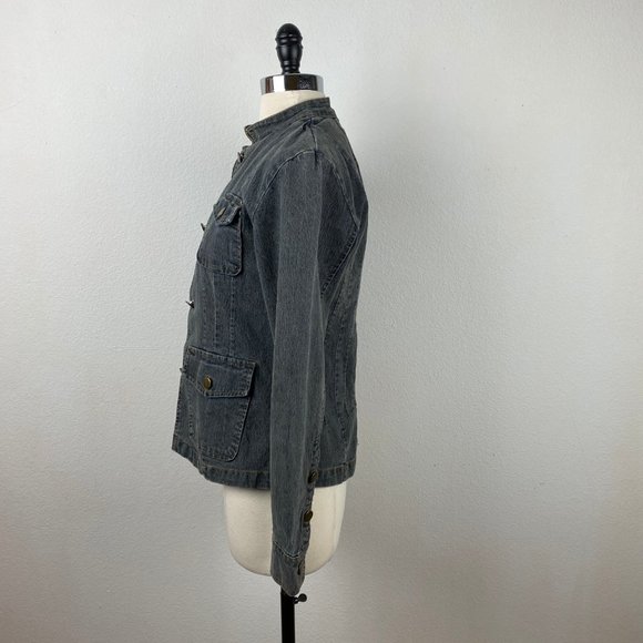 She's Cool Fitted Denim Jacket Pockets Mandarin Collar Button Front Dark Wash SM - Picture 5 of 11